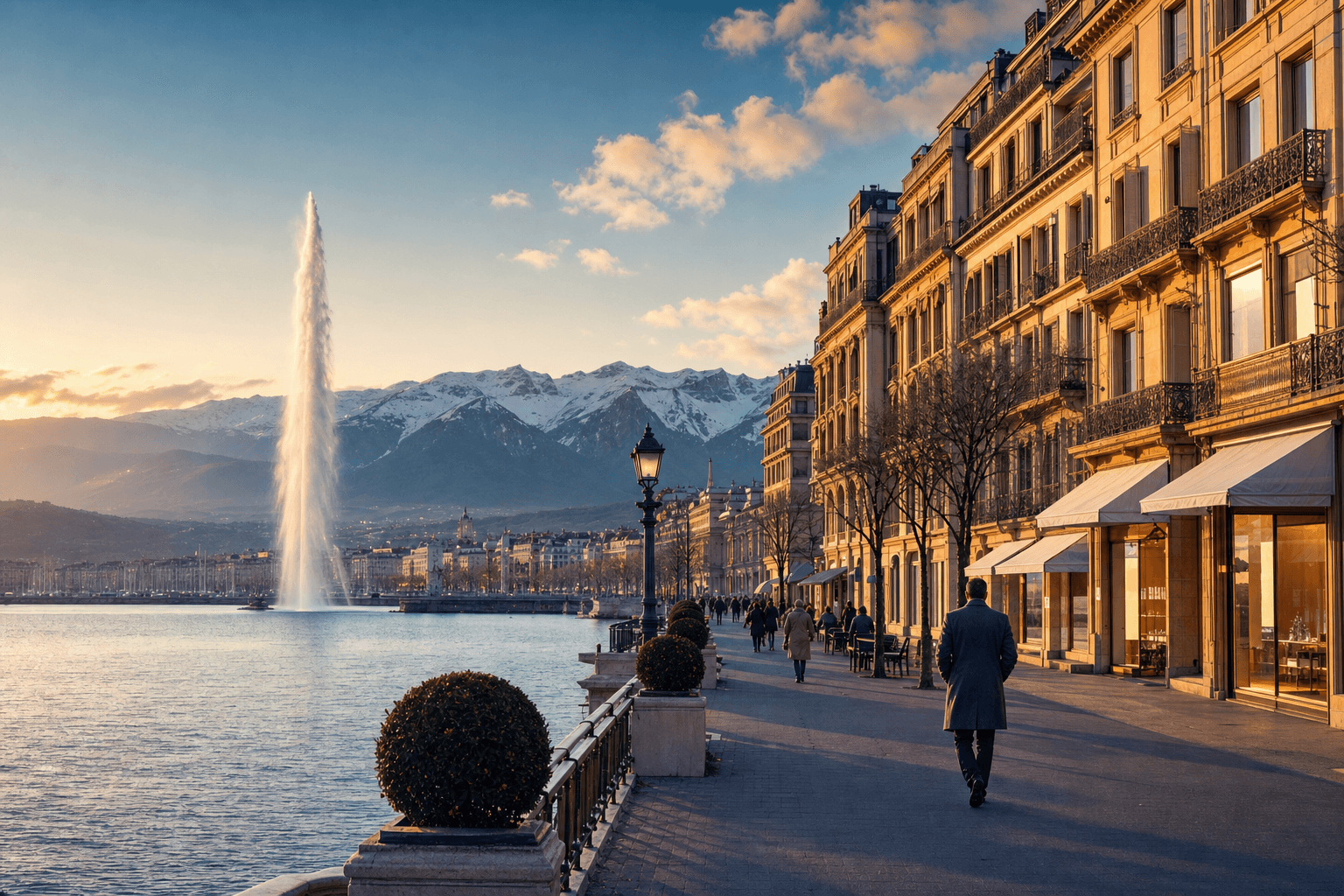The Geneva lakefront with the Alps at golden hour