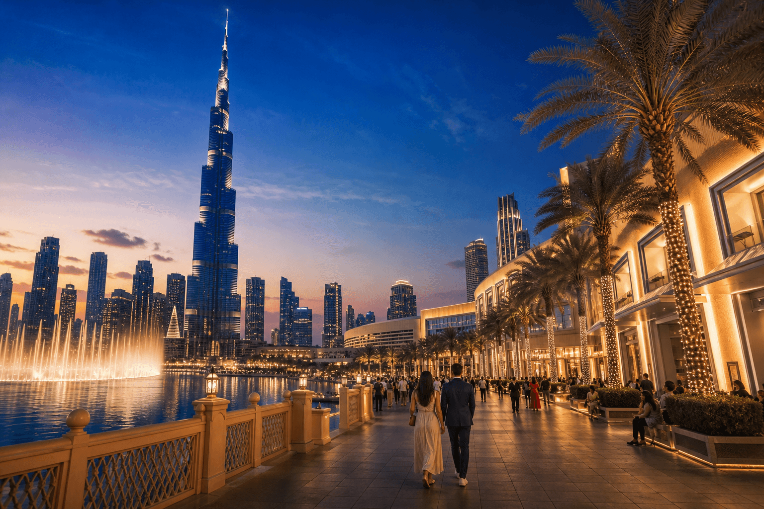 The Dubai skyline and shopping promenade at dusk