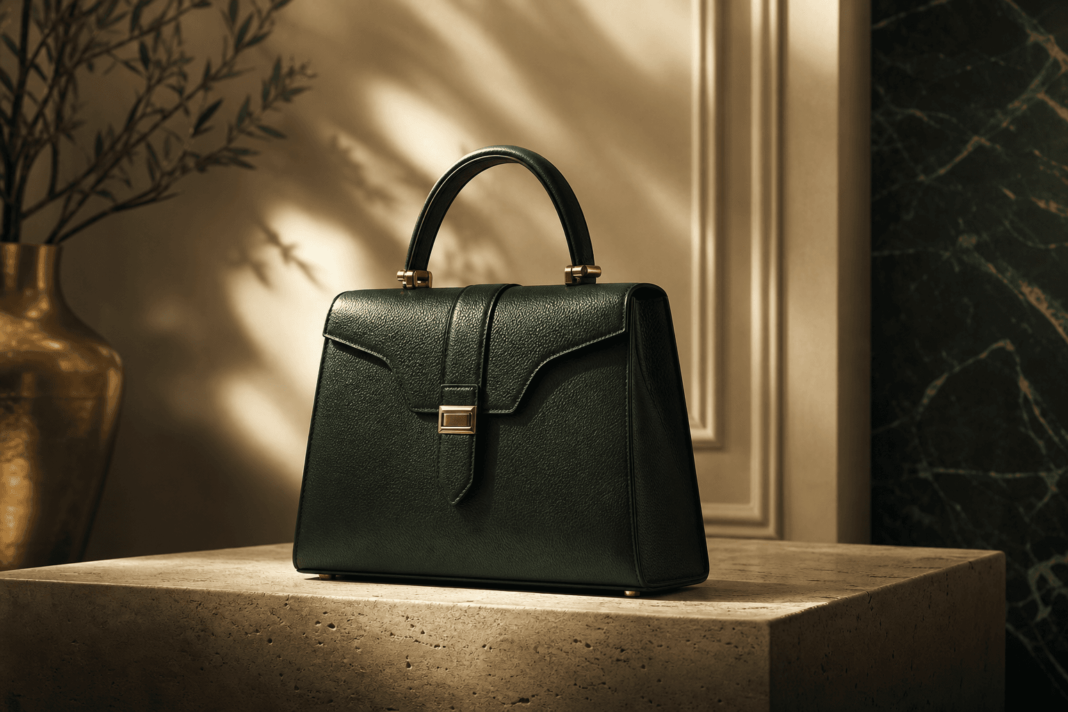 A structured leather handbag on a stone pedestal in warm light