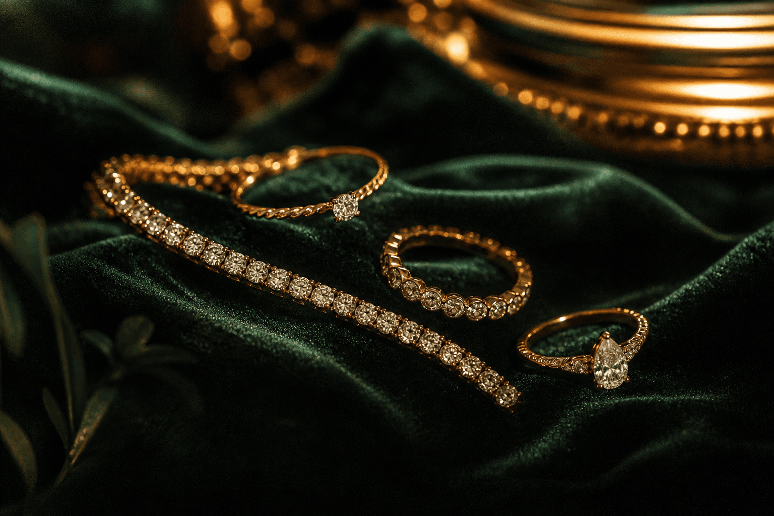 Fine gold jewelry and diamonds on dark emerald velvet