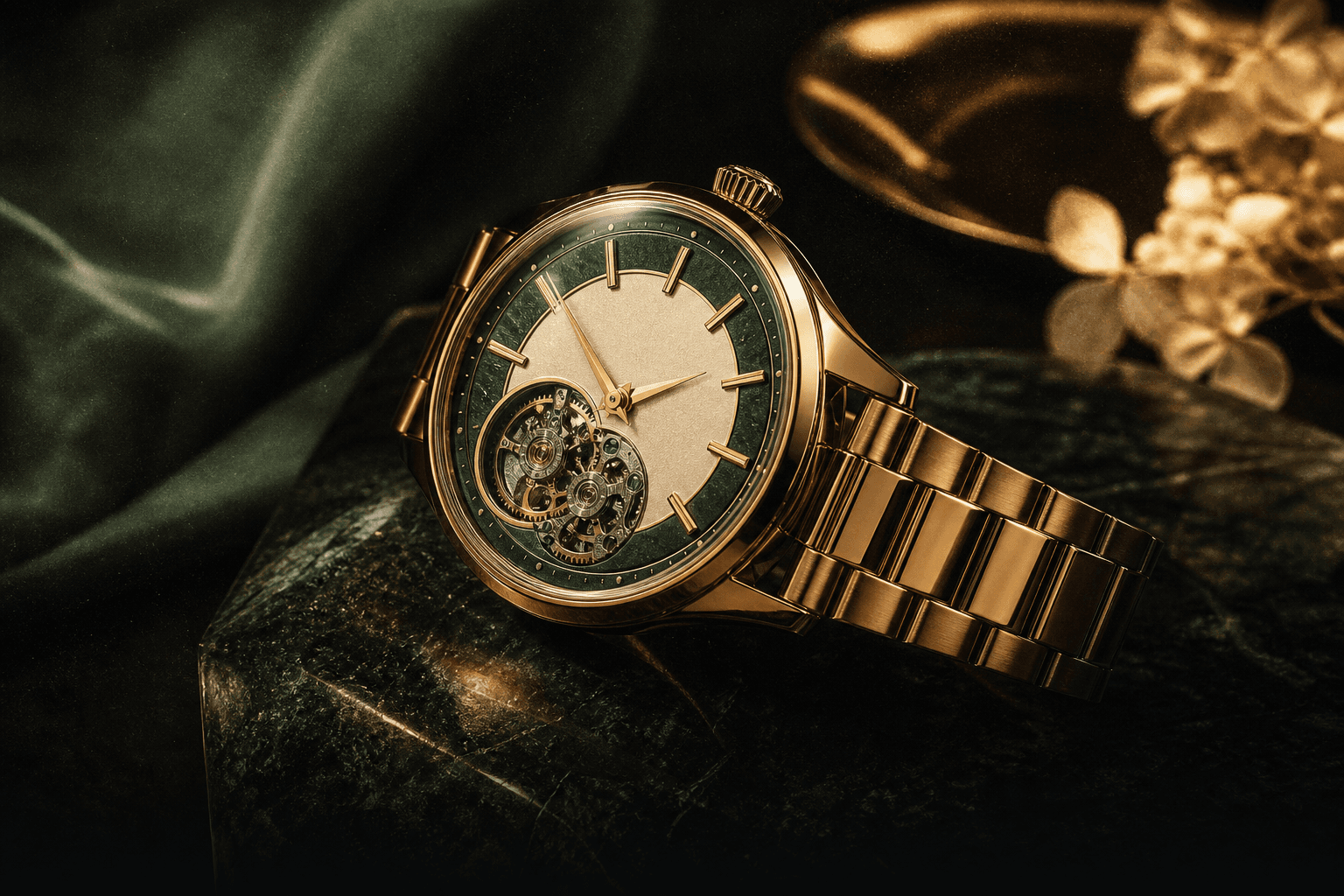 A fine mechanical wristwatch on dark stone in warm light